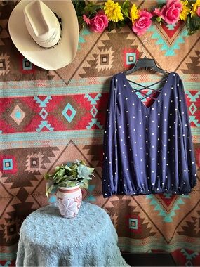 torrid Navy Polka Dot Long Sleeve Blouse with Crisscross Back